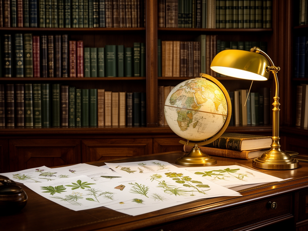 Interior de biblioteca clásica con estantes de madera oscura llenos de libros de botánica y ciencias naturales, con escritorio iluminado por lámpara de latón dorado, globo terráqueo antiguo y papeles con ilustraciones botánicas, atmósfera académica serena