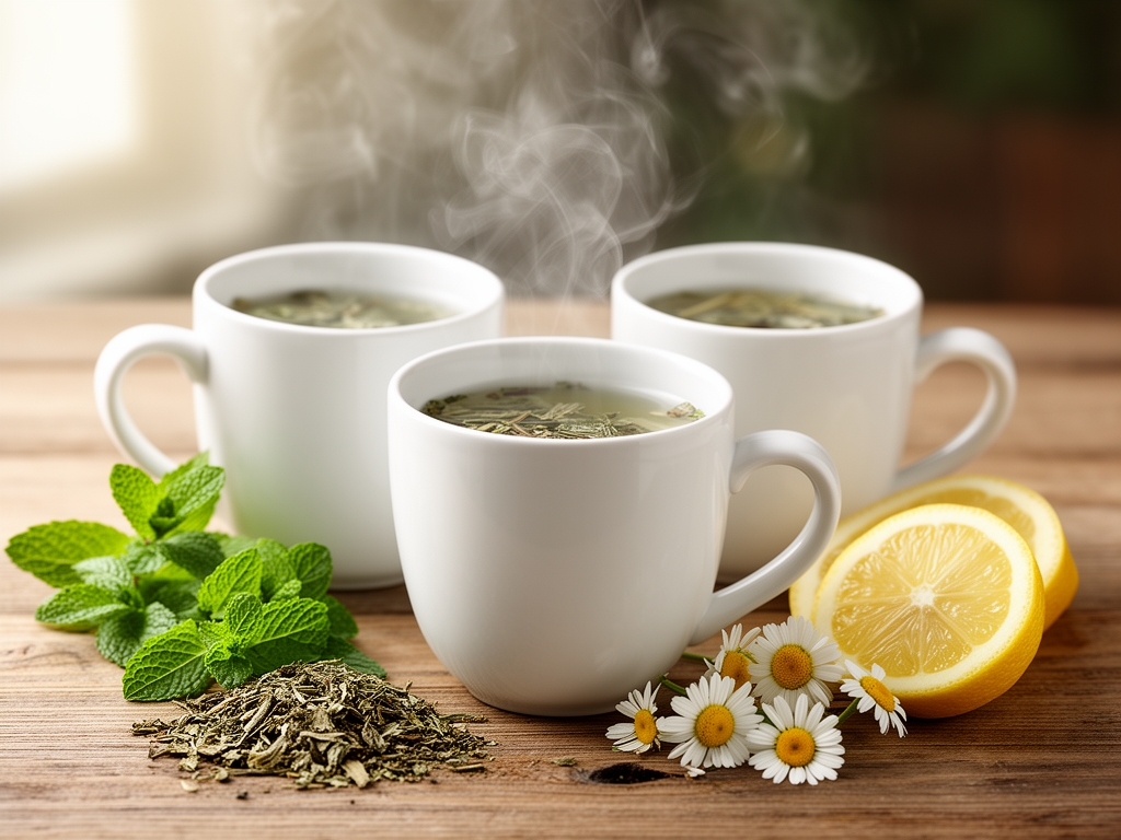 Colección de infusiones de hierbas en tazas de cerámica blanca sobre mesa de madera, con hojas secas de menta, manzanilla y limón, vapor visible, luz natural suave y fondo desenfocado