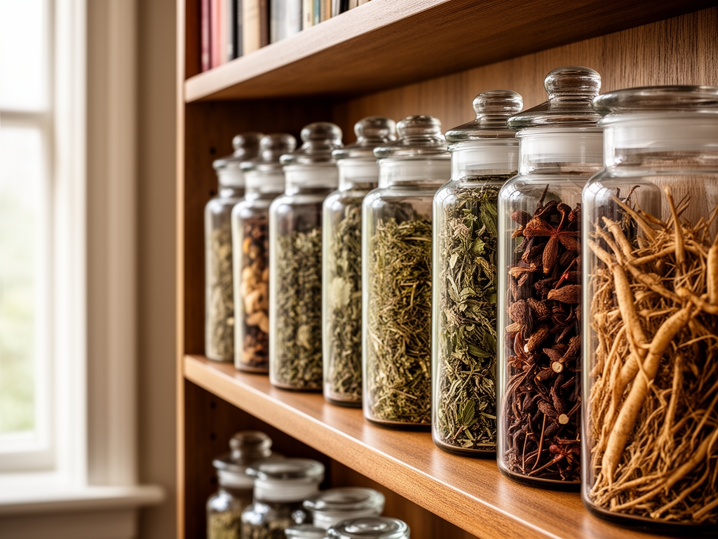 Colección de frascos de vidrio con hierbas secas, raíces y especias alineados en estantes de madera de biblioteca, con luz natural suave entrando desde una ventana lateral